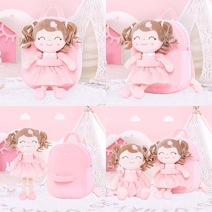 Gloveleya Toddler Backpack Baby Girl Gifts Plush Bag Diaper Bag with Spring Girls Doll Curly Hair Girl Toys with Love Pink 9 Inches