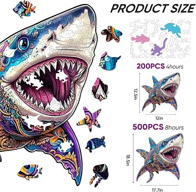 Wooden Jigsaw Puzzle, 500 Pcs Unique 3D Shape Jigsaw Puzzles, Wood Puzzle Gift Box Packing, Medium Size Letter, Creative Gift for Adults and Kids, Fun Challenging (EA2Shark, 500PCS)