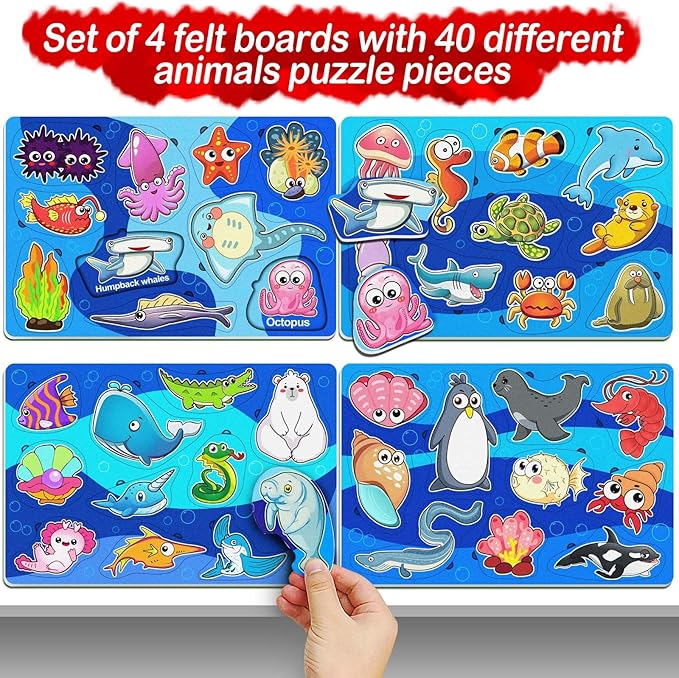 4 Pack 40 Pieces Felt Ocean Theme Zoo Animals Forest Ocean Toys for Toddlers Puzzles Educational Toddler Montessori Learning Matching Game Christmas Birthday Gifts Toys for Kids Felt Busy Board