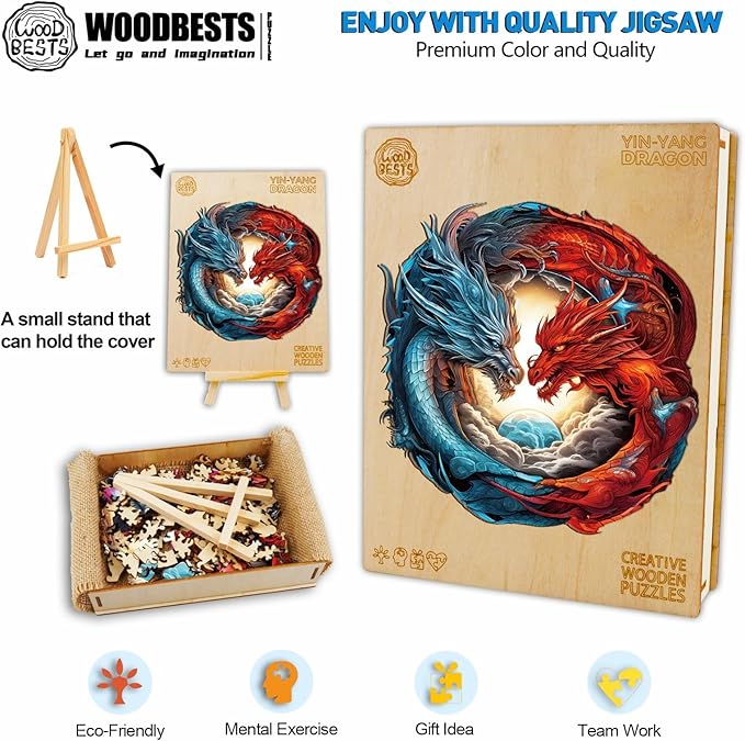 WOODBESTS Wooden Puzzle for Adults, Yin-Yang Dragon Puzzle (L, 300pcs, 12.9"x12.4") Beautiful Wooden Box, Wooden Jigsaw Puzzles Unique Shape, Birthday Gifts for Adults and Kids Family Game