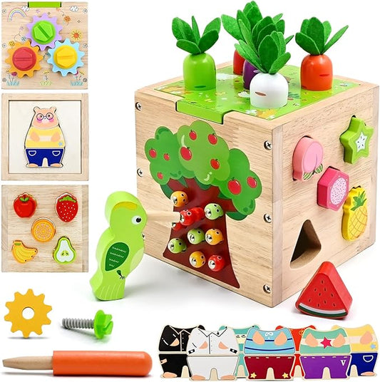 Baby Wooden Activity Cube Montessori Toys for 1 2 3 4 Year Old Boys Girls Birthday Gifts, 5 in 1 Early Educational Learning Toys for Toddlers Kids 12 18 24 Month Fine Motor Skill Games