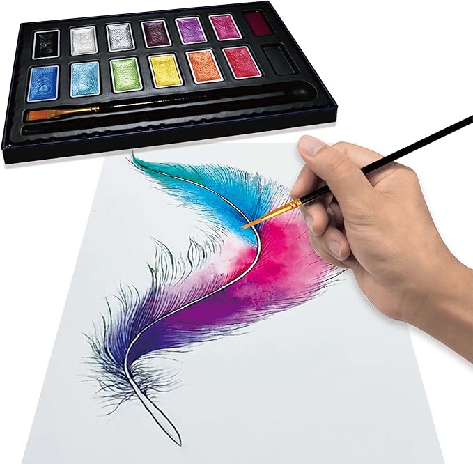 Shimmer Watercolor Paint Set, 12 Colors Glitter Metallic Watercolour Painting Sets, Solid Pearl Water Color Paints for Artists, Amateur Hobbyists and Painting (12 Colors)