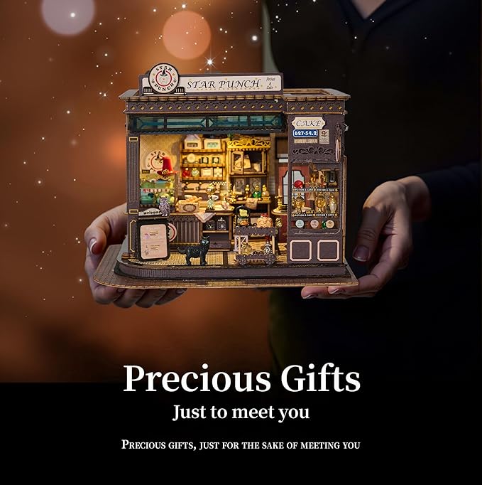 [2025 New] Coffee Shop Miniature House Kit with LED Light, Book Nook Kit with Cover for Birthday, 3D Wooden Bookends Puzzle Bookshelf Decor Building Kit Birthday Gifts for Family, Friends