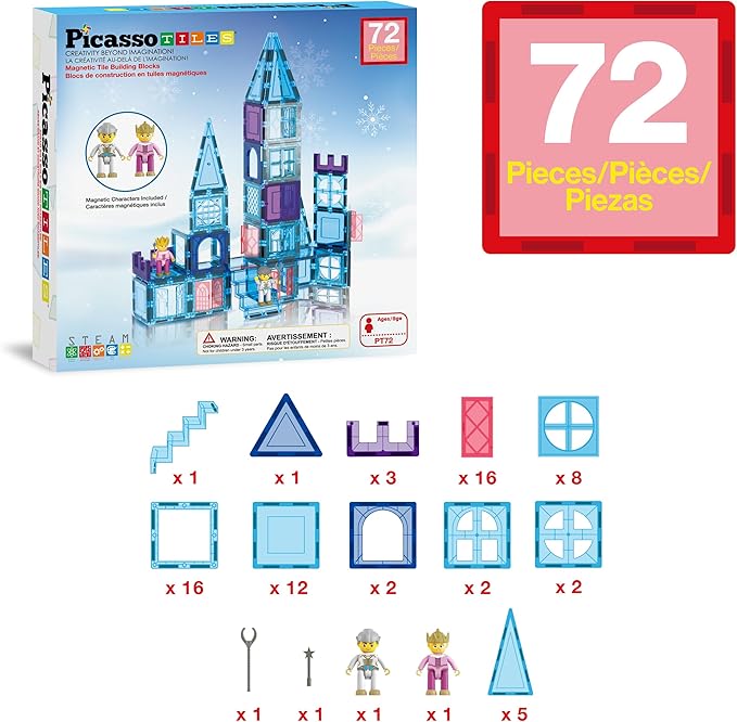 PicassoTiles 72 Piece Magnetic Building Tiles Castle Winter Ice Theme Construction Magnet Block Set with Princess Prince Character Stairs Windows Doors STEM Learning Educational Toy Kids Ages 3+ PT72