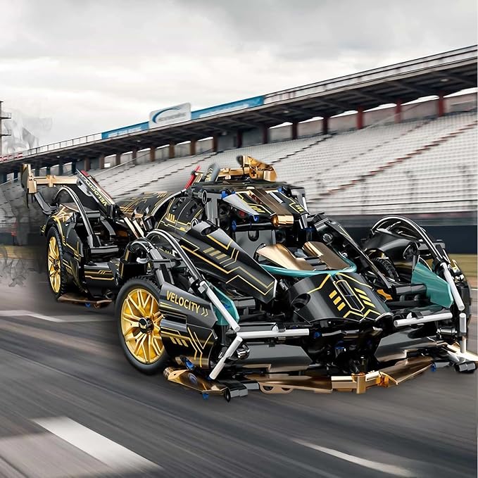 1:14-Scale RC Car Model Kit - Black-and-Gold Retro Supercar with APP Control, LED Lights, and Functional Scissor Doors for Creative Teens and Adult Hobbyists (1314 Pieces)