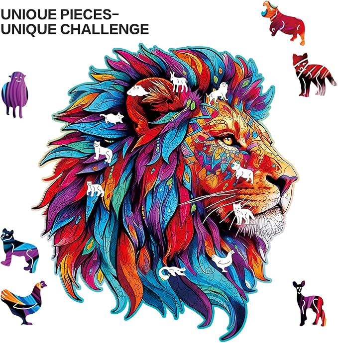Wooden Puzzle for Adults,Lion Jigsaw Puzzles 300 Piece,Thanksgiving Birthday Gifts Family Game,Unique Shape Puzzle Challenge 14.9 x 14.9 Inch