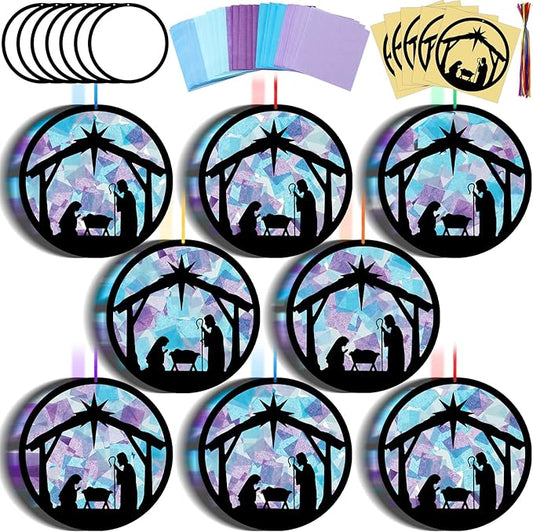 Eersida 32 Sets Christmas Nativity Suncatchers Craft Kit DIY Christianity Tissue Paper VBS Sunday School Craft Make a Nativity Tissue Paper Kit for Holy Night Christian Religious Lent Bible Window Art