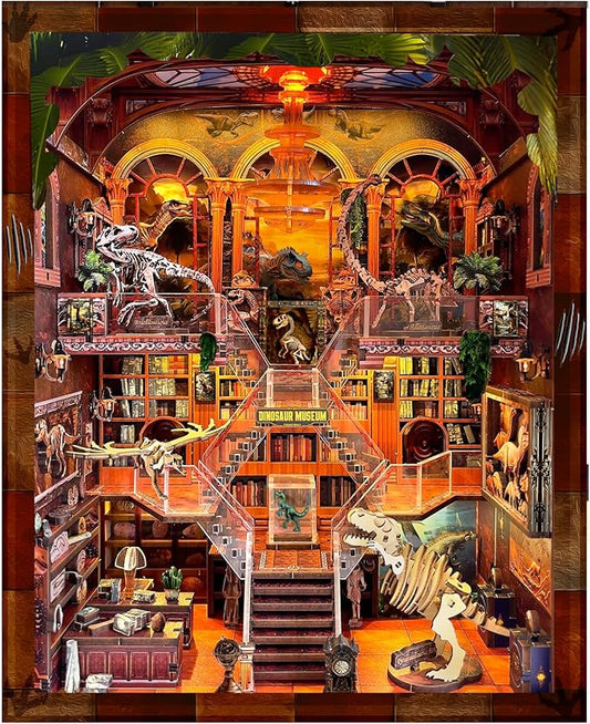 Book Nook Kit - DIY Booknook for Dinosaur Museum 3D Wooden Puzzle with LED Light, Stunning Bookshelf Decor, for Holidays, Birthdays & Home Libraries