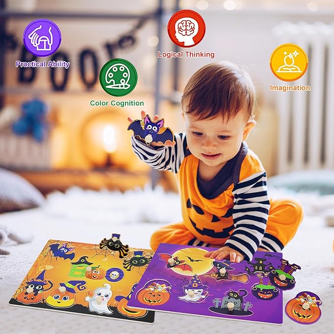 2Pcs Halloween Wooden Peg Puzzles, Halloween Toys for Toddlers Educational Puzzle Kids Hallow EEN Party Favors Basket Stuffers Fillers Favors Hallow EEN Treats Non Candy Goodies for Boys Girls