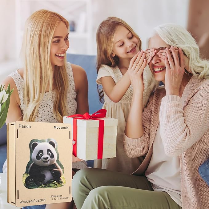 Wooden Jigsaw Puzzle, 200 Pcs Unique 3D Shape Jigsaw Puzzles, Wood Puzzle Gift Box Packing, Medium Size Letter, Creative Gift for Adults and Kids, Fun Challenging (200PCS, Panda)