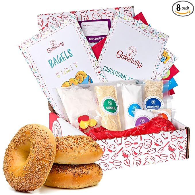 Baketivity Kids Baking Set, Meal Cooking Party Supply Kit for Teens, Real Fun Little Junior Chef Essential Kitchen Lessons, Includes Pre-Measured Ingredients (Baketivity Kit, Bagels)