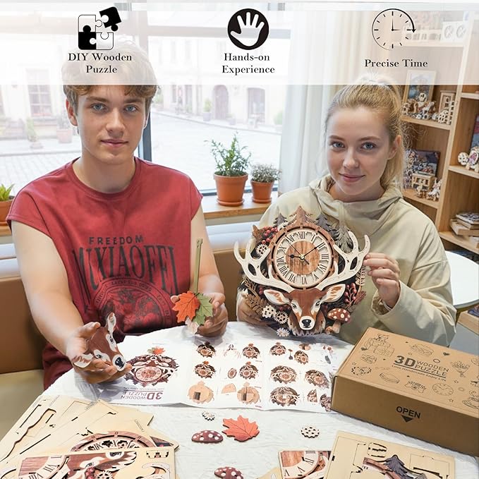 3D Puzzles for Adults Clock-Reindeer Design Model Kit-Mechanical DIY Pendulum Clock with Roman Numerals-Desk Home Office Decor Personalized Gift for DIY Lovers