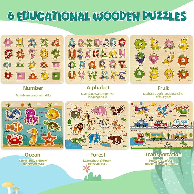 Wooden Peg Puzzles for Toddlers 2-4, 6 Pack Educational Peg Puzzles Montessori Toys, Learning Puzzles for Kids Girs Boys 1-3 3-5 with Alphabet Number Animal Vehicle Shape
