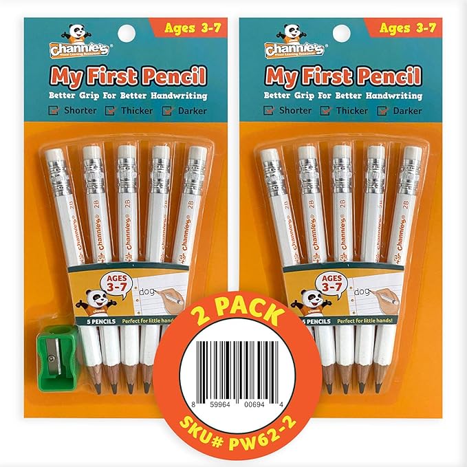 Channie's My First Pencil, Easy-to-Hold Jumbo Pre Sharpened Pencils #2 for Preschoolers, Kindergarteners & 1st Graders, White Wooden 2B Fat Pencils for Kids Ages 3-7, Pack of 2 (5 Each) & Sharpener