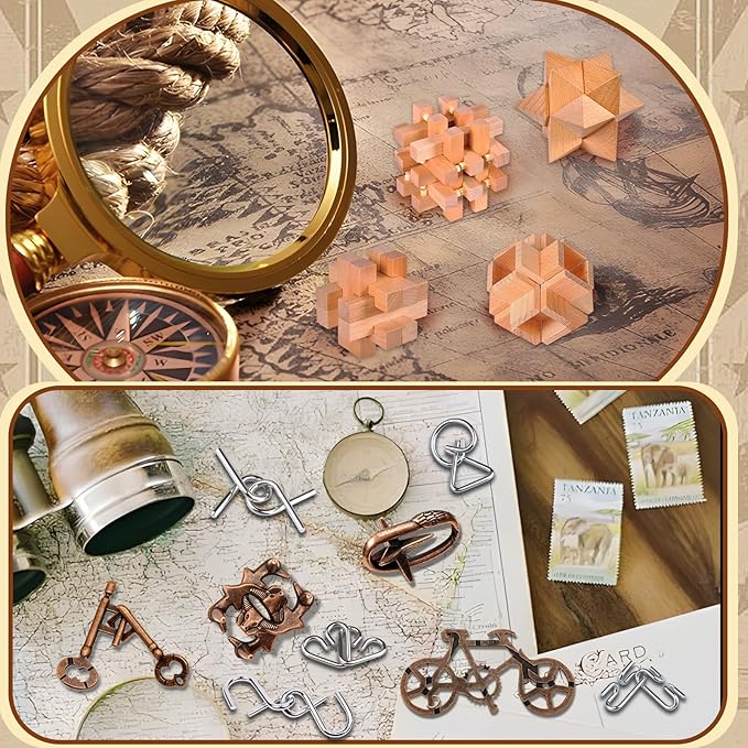 Rileryan 16 PCS Wooden Metal Brain Teasers for Adults 3D Brain Teasers Wooden Cube