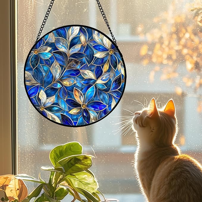 Stained Glass Window Hanging - Blue Gold Abstract Flowers Suncatcher for Door Terrace Garden Home Decor, Plant Sun Catcher Birthday Gifts for Lovers Women Men Dad Mom Nana 15 in