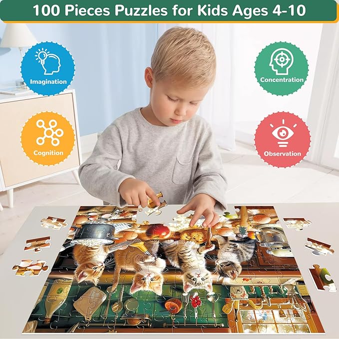 Puzzles for Kids Ages 4-8,100 Piece Puzzles Kids Puzzle Ages 4-6 6-8 8-10 Cat Cooking Puzzle Animal Jigsaw Puzzle Educational Toys Birthday Gifts for Girls and Boys