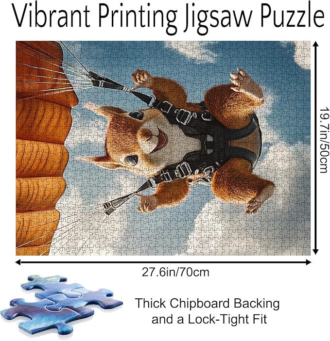 Red Squirrel Parachute Skydiving Jigsaw Puzzles for Adults 1000 Pieces, Extreme Sports for Animals Jigsaw Puzzle Art for Challenging Family Activity Game Colorful DIY Crafts Puzzle Wall Decor Gifts
