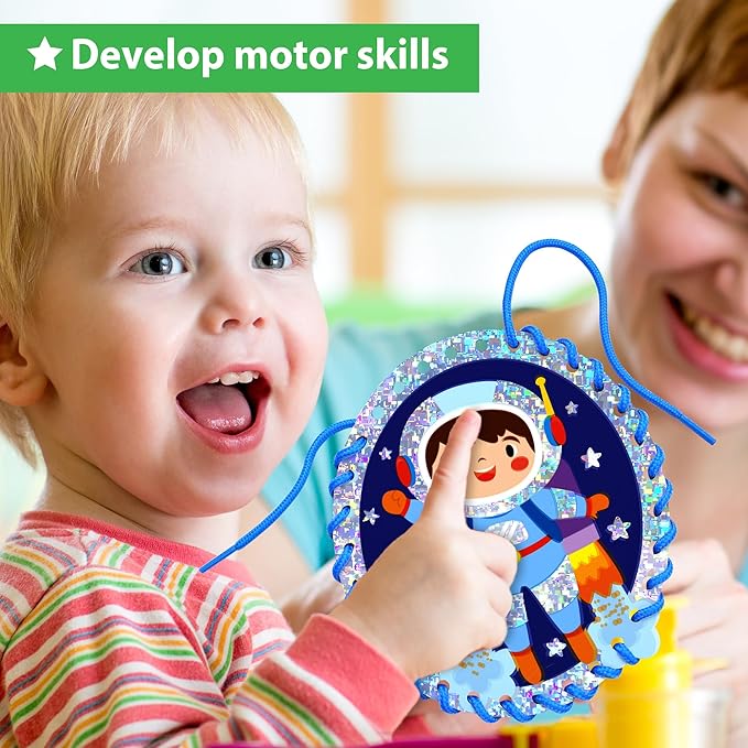 EZCRA Lacing Cards for Kids Ages 3-5 - 5 Pcs Space Theme with Colorful Laces - Craft Kit for Kids DIY Activity Set - Fine Motor Skills Toys and Preschool Learning Activities