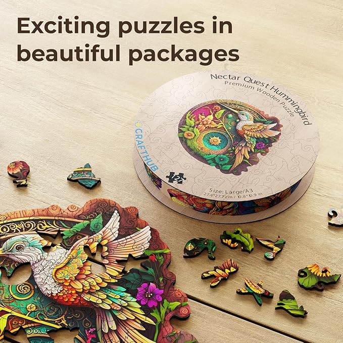 CRAFTHUB Animal Wooden Puzzles for Adults – A4 Nectar Quest Hummingbird with 114 Pieces – Jigsaw Puzzles with Unique Animal Shapes – 7.7"x7.8"