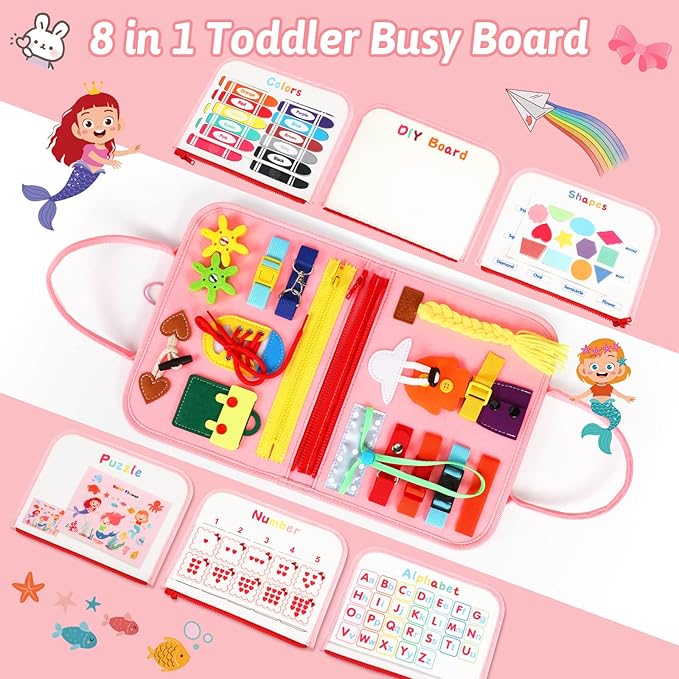 8 in 1 Toddler Busy Board for 1 Years Old, Montessori Toy Busy Book for Toddlers 1-3 Educational Learning Toy Activity for Basic Motor Skills, Kid Travel Essential 2-4 Yr Birthday Gift for Girl(Pink)