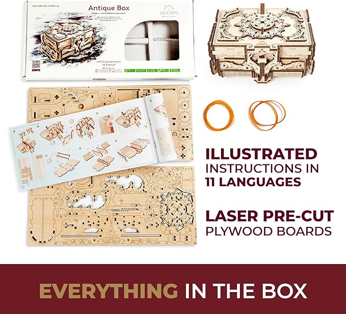 UGEARS 3D Wooden Puzzles Box - 3D Puzzle Antique Wooden Box Wooden Model Kits for Adults - Laser-Cut Mechanical Model Construction Kit