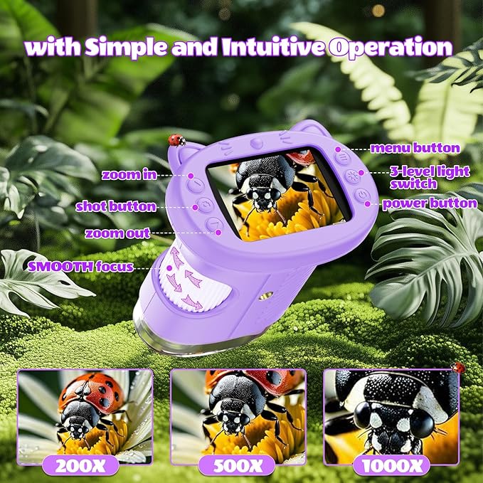 Kids Microscope, 1000X Portable Digital Microscope with 2.4" IPS Screen & 8 LEDs, USB Rechargeable, STEM Educational Science Kit, Great Christmas & Birthday Gift for Children Ages 3-12