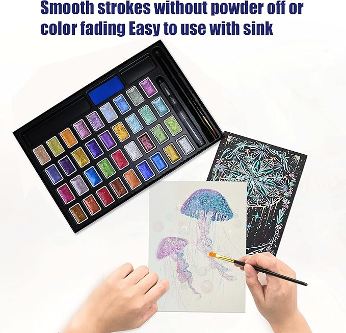 Shimmer Watercolor Paint Set, 12 Colors Glitter Metallic Watercolour Painting Sets, Solid Pearl Water Color Paints for Artists, Amateur Hobbyists and Painting (36 Colors)