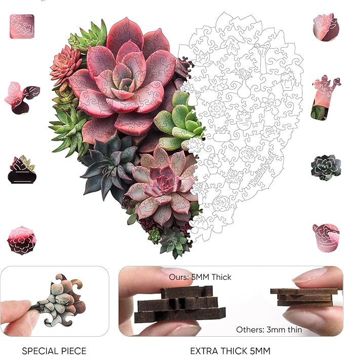 Wooden Puzzles for Adults 500 Pieces,Heart Succulent Unique Shaped Flower Wooden Jigsaw Puzzles for Adults and Kids,Extra Thick 5MM,Birthday Gift,17.3"x18.4"