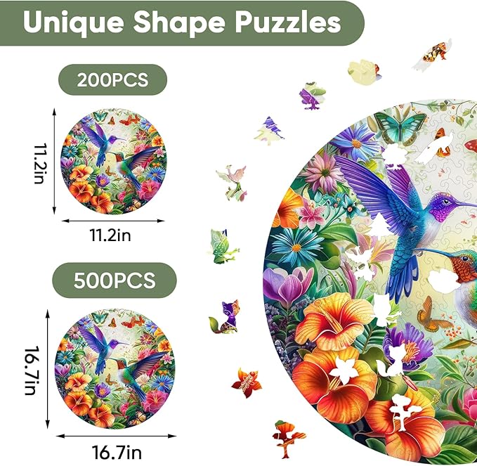 Ruikiyart Wooden Puzzles for Adults, 5MM 200 Pieces Hummingbird Wooden Jigsaw Puzzles, Birds Puzzle Unique Shaped for Adults and Kids on Thanksgiving, Christmas Family Puzzle Games (11.2'' x 11.2'')