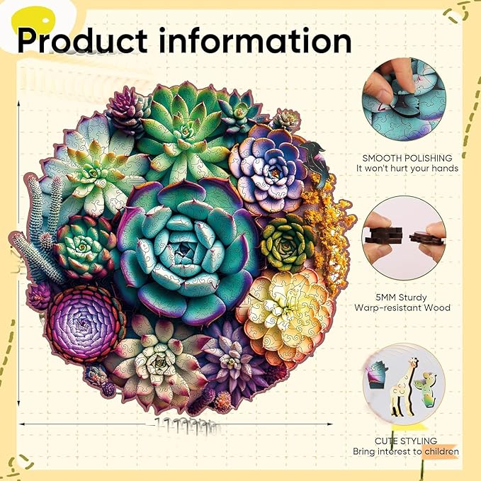 Wooden Jigsaw Puzzle for Adults and Kids Unique Shape Wood Colorful Beautiful Box Fun Challenge Brain Health Family Game Creative Gift for Friends Rompecabezas Madera(Mandala Succulent 300pcs)