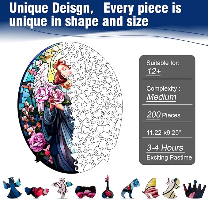 Wooden Puzzle for Adults, Stained Glass Angel Flower Puzzle, Wooden Jigsaw Puzzles, Unique Wood Cut Puzzles for Family Friend Puzzle Lovers, 200 Pieces 11.22"x9.25"