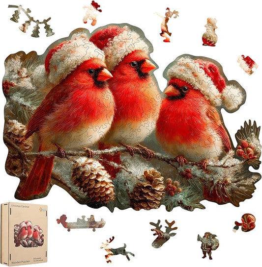 Christmas Cardinal Wood Puzzles Adult – Three Baby Birds with Santa Hat, 199Pcs Wooden Jigsaw Puzzle for Festive Holiday Fun, Teens’s Party and Winter Activity 12.2"×8.9"