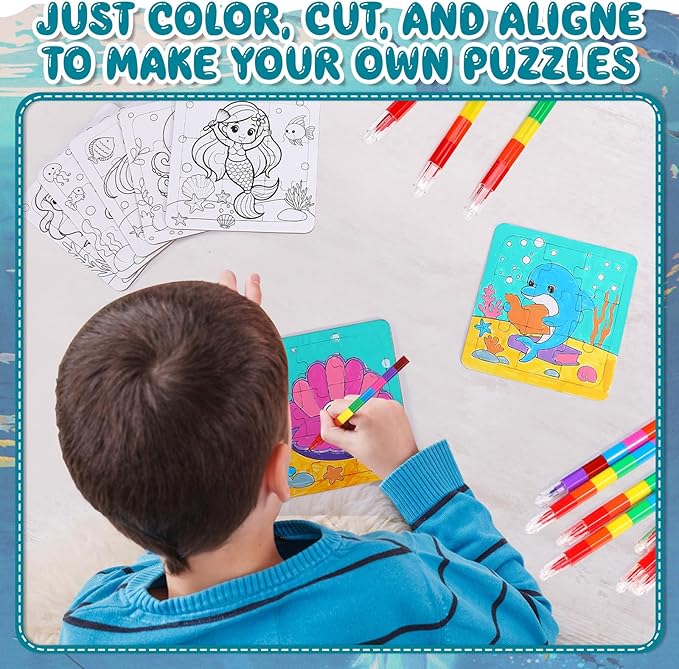 Fullhawl 12 Sets Mermaid Puzzles Underwater Color Your Own Puzzles DIY Jigsaw Crafts with 12 Stackable Crayons and 12 Bags for Under The Sea Theme Gifts Birthday Party Supplies(12, Mermaid)