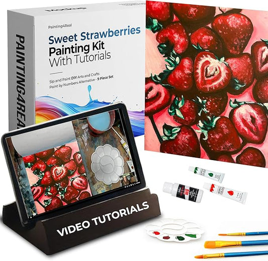 Painting4Real DIY Painting Class Kit for Adults with Video Tutorials: Learn to Paint Sweet Strawberries – How to Paint with Acrylics – Painting & Art Supplies – 9 Piece Acrylic Paint Set
