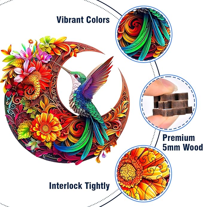 Unique Wooden Puzzles for Adults, Hummingbird Puzzle 200 Pieces 11.42" x 11.42", Animal Shaped Wood Puzzles Adult Brain Teasers, Wooden Jigsaw Puzzles, Family Games for Kids and Adults