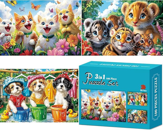 3-Pack 100 Piece Puzzles for Kids,Cute Dogs Cats Tigers Animals Puzzle for Kids Age 4-6 6-8 8-10,Unique Large Piece Jigsaw Puzzle,Recycled Paper,Bright & Colorful Educational Puzzle,Boys Girls Gift