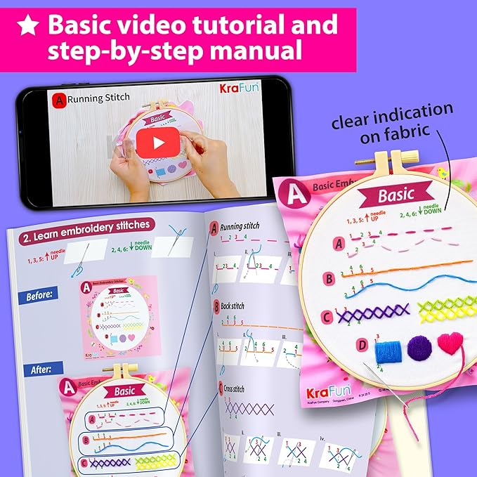 KRAFUN My First Embroidery Kit for Beginners Kids and Teenagers Simple Embroidery Patterns, Hand Embroidery Kit Includes Hoop, Cloth, Instructions for Stitches, Beginner Arts Craft Kit for Adults