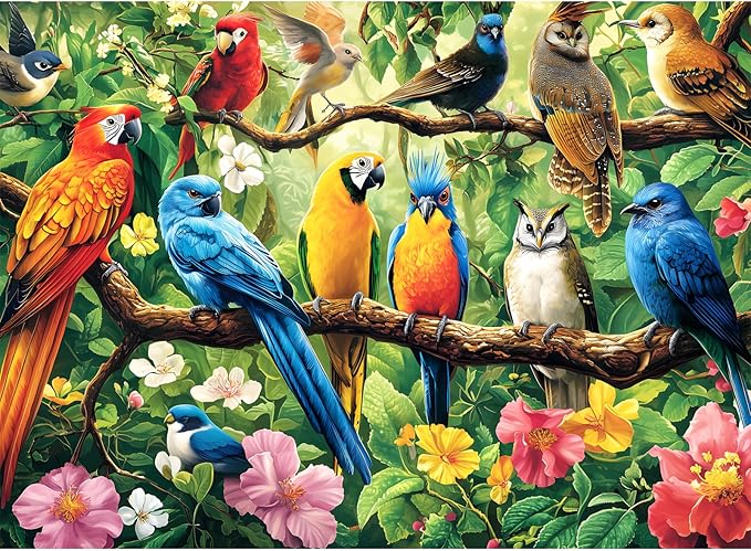 300 Piece Puzzle for Adults,Jungle Parrots Jigsaw Puzzles Adults Kids Seniors,Large Piece Animal Puzzle for Kids Ages 8-10 10-12,Bird Flower Puzzles Letters on Back,Unique Puzzles Great Gift,20.5*15in