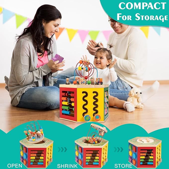 Large Activity Cube, 9-in-1 Farm-Themed Wooden Play Center, Multipurpose Montessori Toy for 1-2 Year Old Baby Toddler Kid, First Birthday Gift | Bonus Magnetic Train Cars