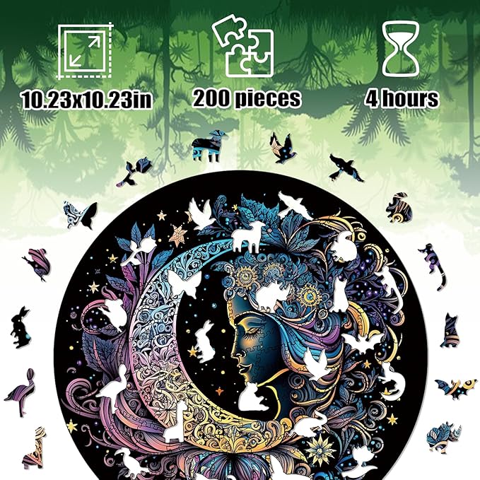 Wooden Puzzles for Adults, 200 Pieces Sun and Moon Uniquely Irregular Animal Shaped Wooden Jigsaw Puzzles, Creative Gift for Teenagers and Adults
