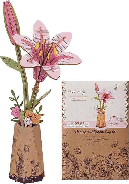 3D Flower Wooden Puzzles for Adults-Pink Lily, DIY Wooden Flowers Model Kit Building Set Crafts for Adults to Build, Botanical Collection/Ideal Creative Gift Ideas/Housewarming (73PCS)