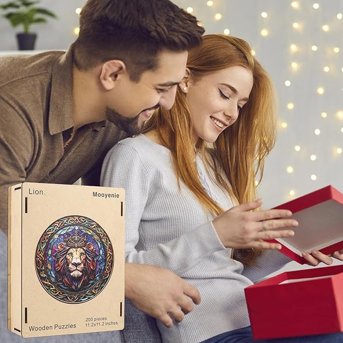 Wooden Jigsaw Puzzle, 200 Pcs Unique 3D Shape Jigsaw Puzzles, Wood Puzzle Gift Box Packing, Medium Size Letter, Creative Gift for Adults and Kids, Fun Challenging (200PCS, Lion)