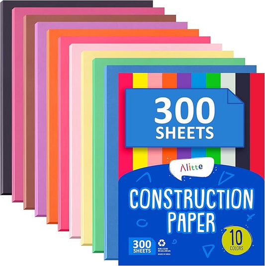 Alitte Construction Paper Assorted Colors - (300 Sheets, 9x12), Craft Paper, 10 Bright Colors - Bulk Pack Arts & Crafts Projects - Colored Paper For Preschool, Home, And Classroom Supplies