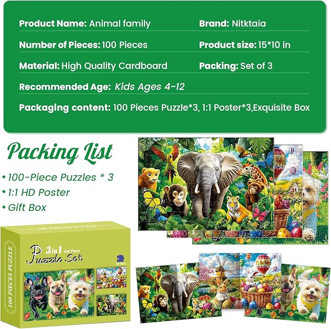 3-Pack 100 Piece Puzzles for Kids,Dogs Rabbits Animals Puzzle for Kids Age 4-6 6-8 8-10,Unique Large Piece Jigsaw Puzzle,Recycled Paper,Bright & Colorful Educational Puzzle,Great Gift for Boys Girls