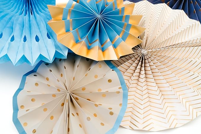 PapaKit Origami Wall Decoration Set (8 Assorted Round Paper Fans) Birthday Party Baby Shower Wedding Events Decor | Creative Art Design Pattern (Starry Midnight Blue with Metallic Gold Accent)