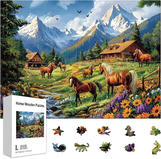 GLOBLELAND 300Pcs Horse Landscape Wooden Jigsaw Puzzles for Adults 11.22x15.16inch Colorful Horse Wood Puzzles for Holidays Birthday Gifts