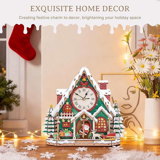 KAAYEE 3D Puzzle for Adult, Wooden Christmas Cabin Pendulum Clock Mechanical Model Kit, 66 PCS DIY Vintage Wall Clock Building Kit, Creative Craft Gift for Birthday Home Decor (Battery Not Included)