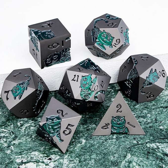 Metal DND Cat Dice 7PCS Polyhedral RPG Dice Set with Gift Case for Dungeons Dragons Role Playing Game, D and D Dice D6 D8 D10 D12 D20 D% (Grey Green)