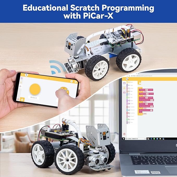 SunFounder PiCar-X AI Video Robot Car Kit for Raspberry Pi 5/4/3B+/3B, ChatGPT-4o Enabled with Video Recognition, Python, Scratch, Camera, Mic, Rechargeable Batterry (RPI NOT Included)